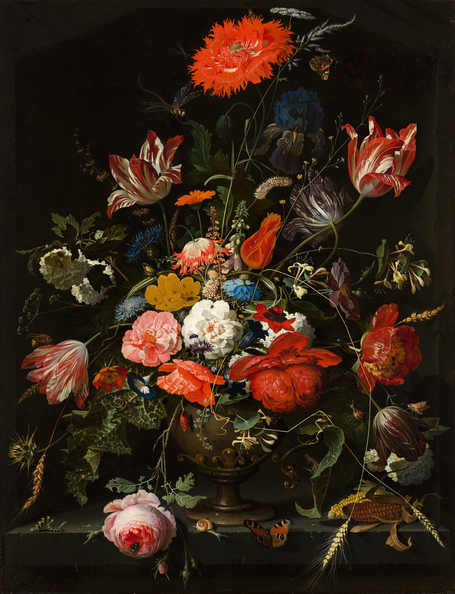 Abraham Mignon Flowers In A Metal Vase Painting Background