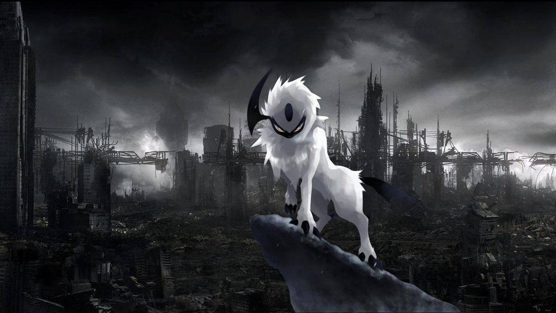 Absol On Cliff Destroyed Cityscape Background