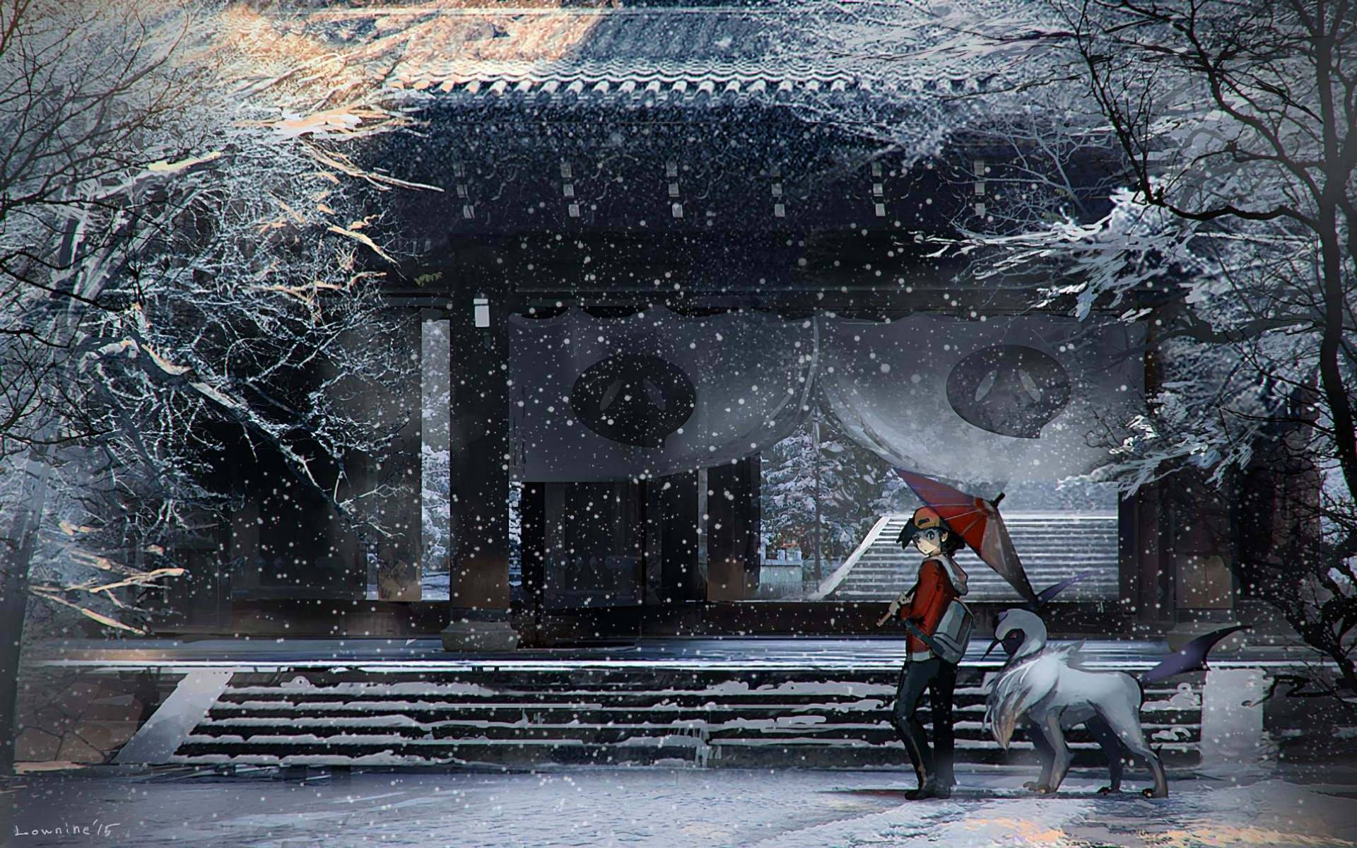 Absol Outside Snowy Temple Wallpaper