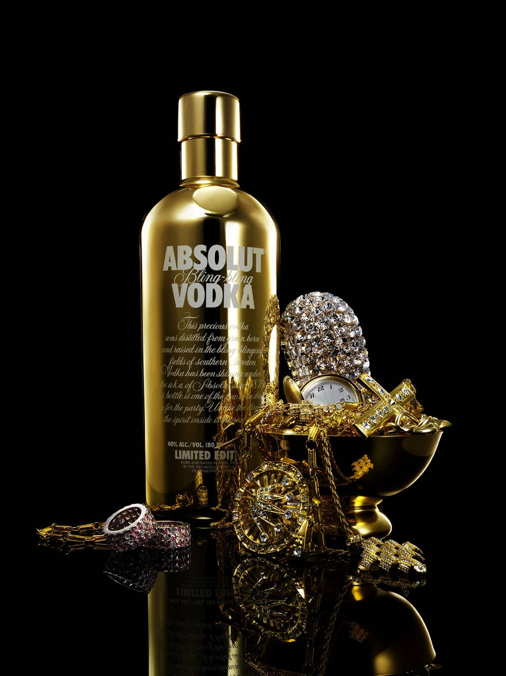 Absolut Bling Blong Vodka With Gold Jewelries Wallpaper