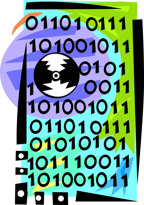 Abstract Binary Code Design PNG — A stylized digital clock face with binary numbers and a CD icon against a vibrant gradient background.