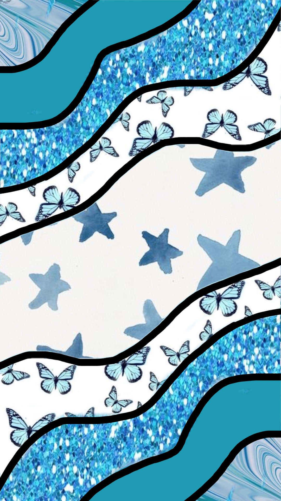 Abstract Blue Butterfliesand Stars Pattern Wallpaper