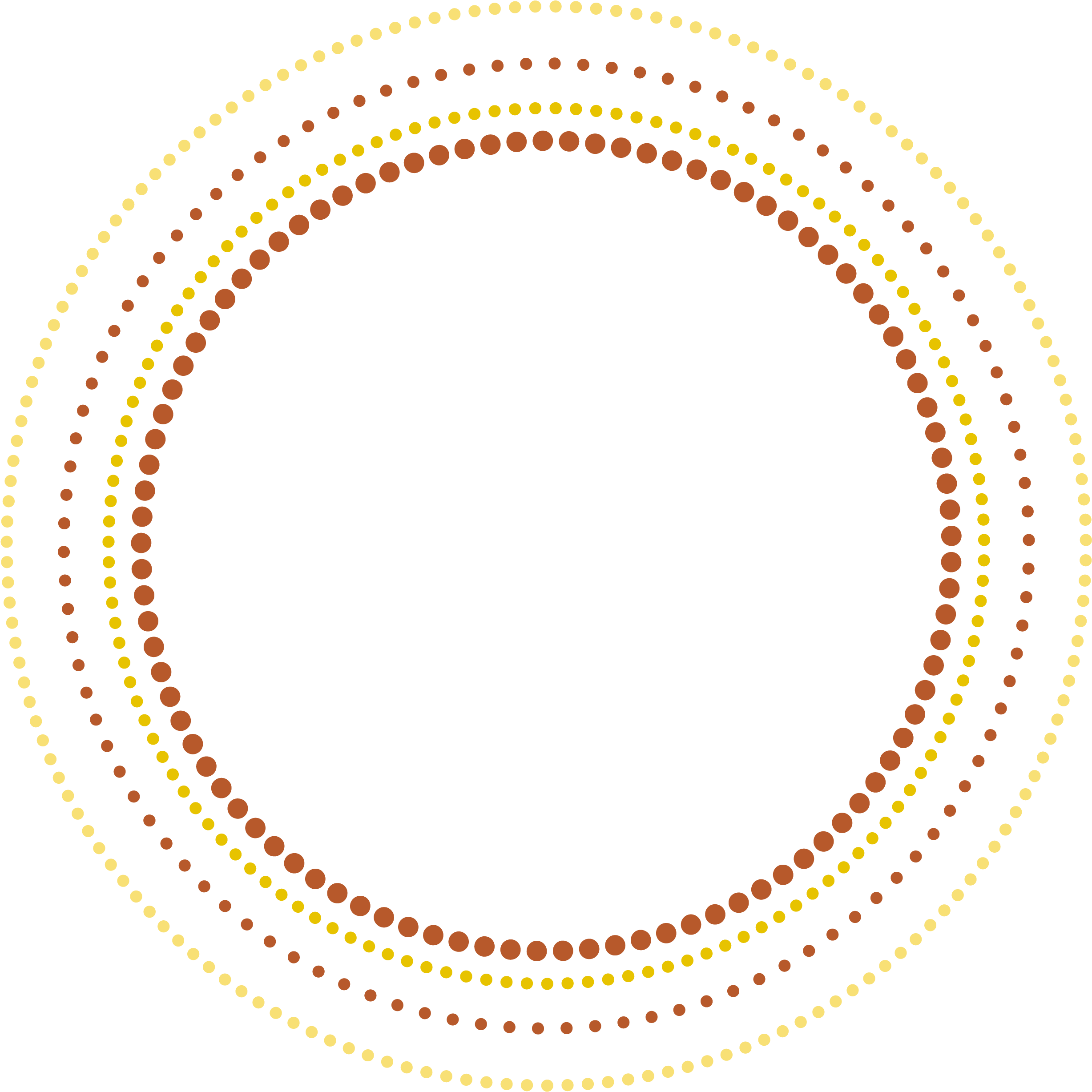 Abstract Circle Pattern Background PNG — Concentric circles of golden and burnt orange dots radiate outward against a stark black background.