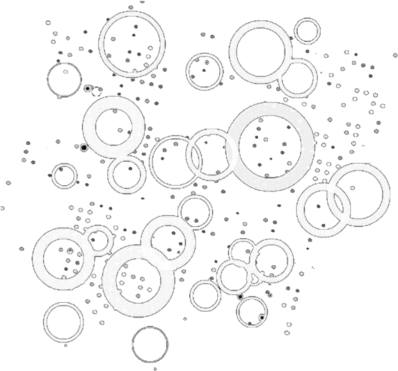 Abstract Circles Pattern PNG — White glowing circles and dots float against a stark black background in a minimalist abstract composition.