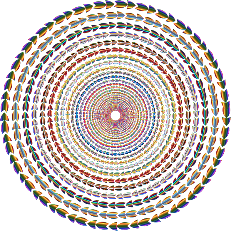 Abstract Circular Pattern PNG — A mesmerizing spiral of iridescent arrow shapes radiates outward from a central black hole against a stark black background.
