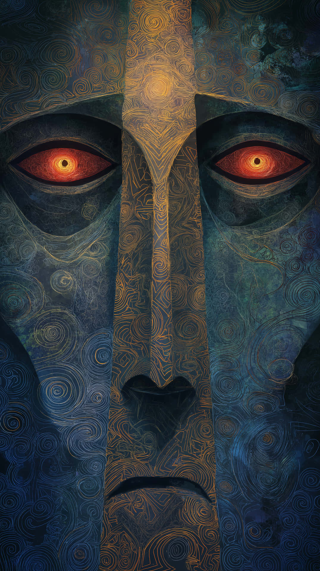 Abstract Face Sculpture With Intricate Patterns And Glowing Eyes Wallpaper