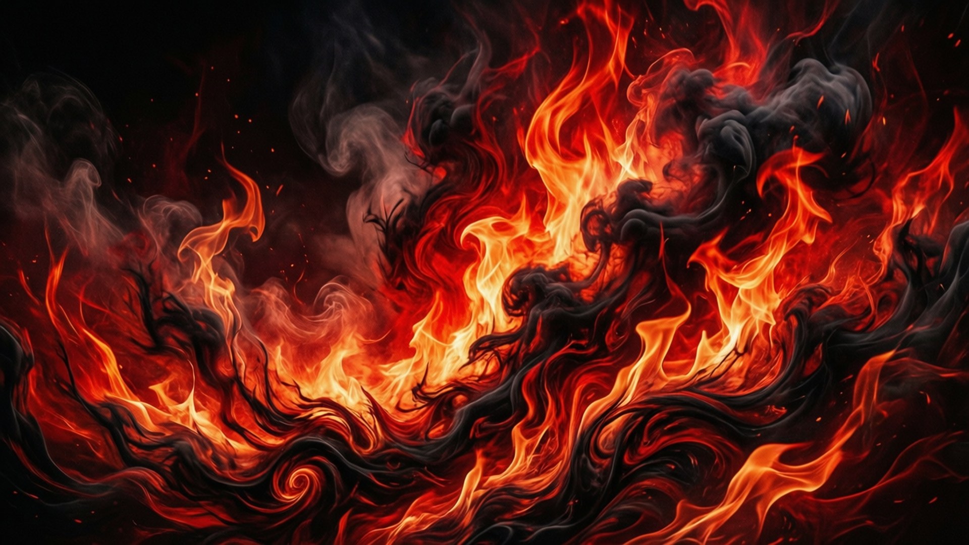 Abstracte compositie van vlammen en rook met bandkleuren, die ruwe energie vertegenwoordigt.