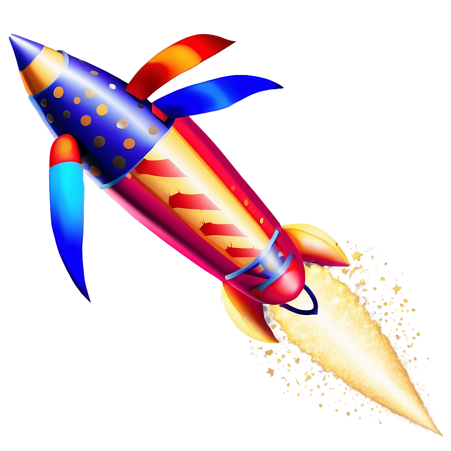 Abstract Firework Rocket PNG cjr6 PNG — A vibrant cartoon rocket with blue fins and gold polka dots blasts forward leaving a sparkling golden trail against a soft purple gradient background.