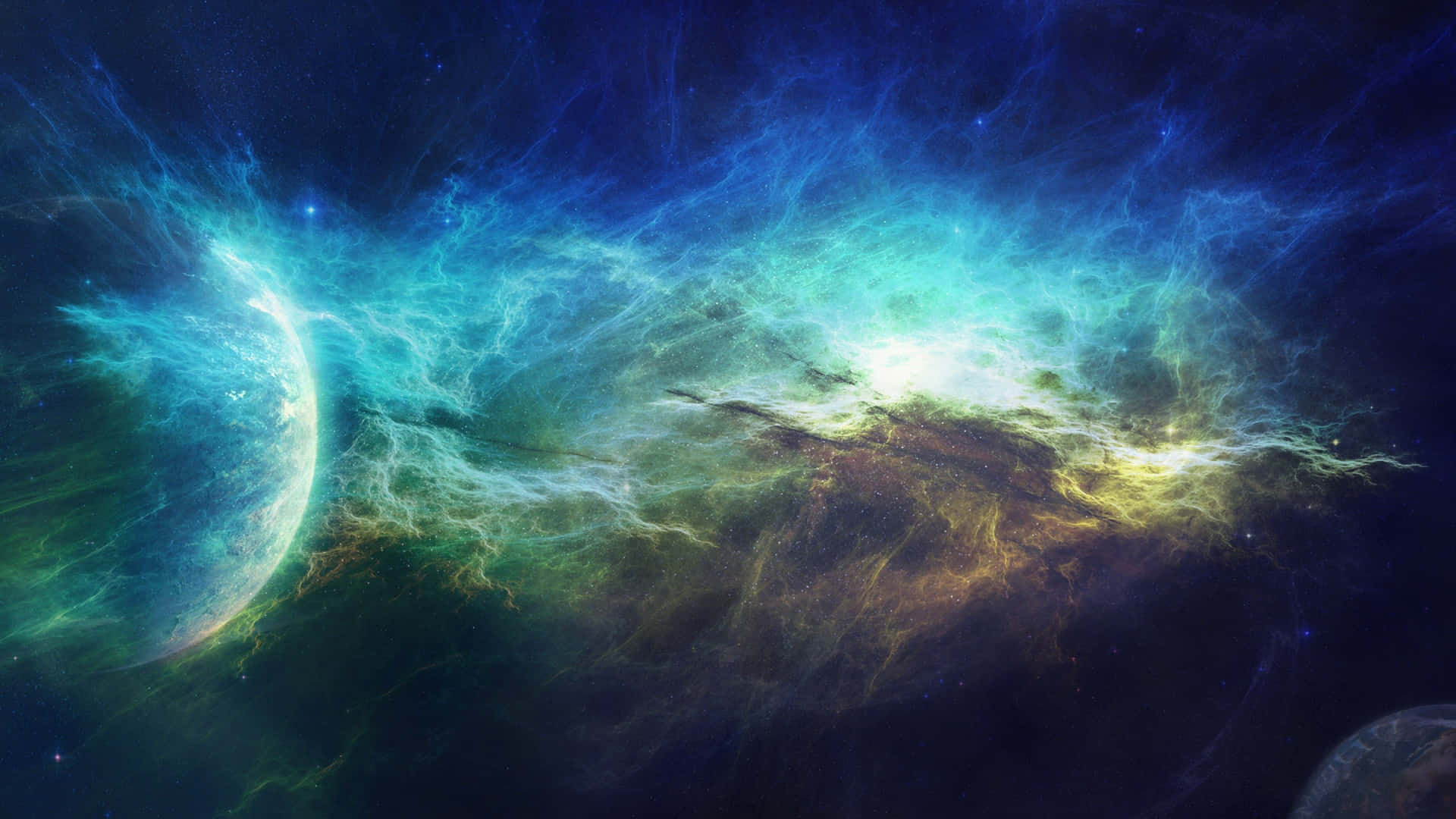 En rumscene med en planet og nebulosa Wallpaper