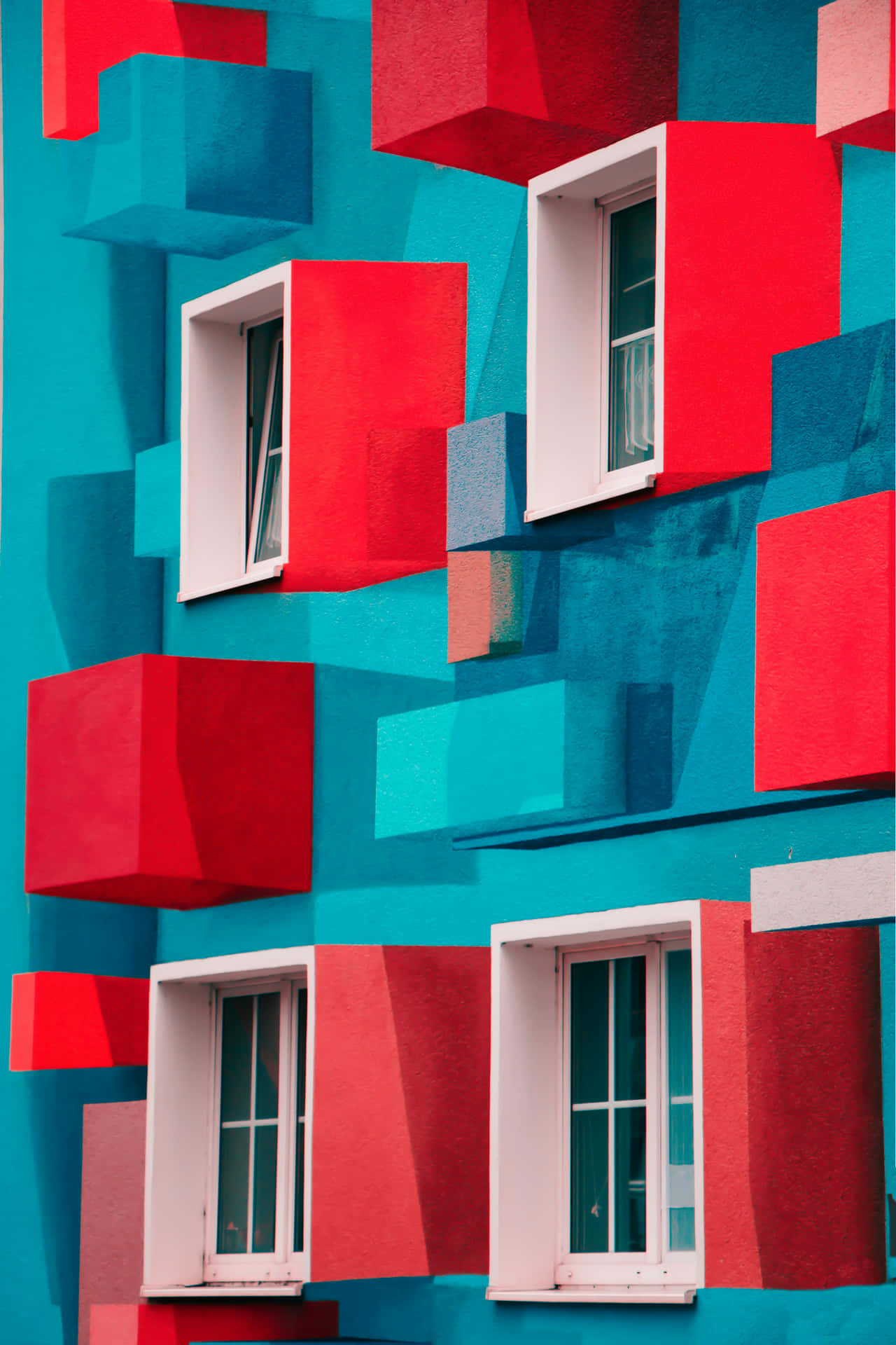 Abstract Geometric Building Facade Red Blue Wallpaper