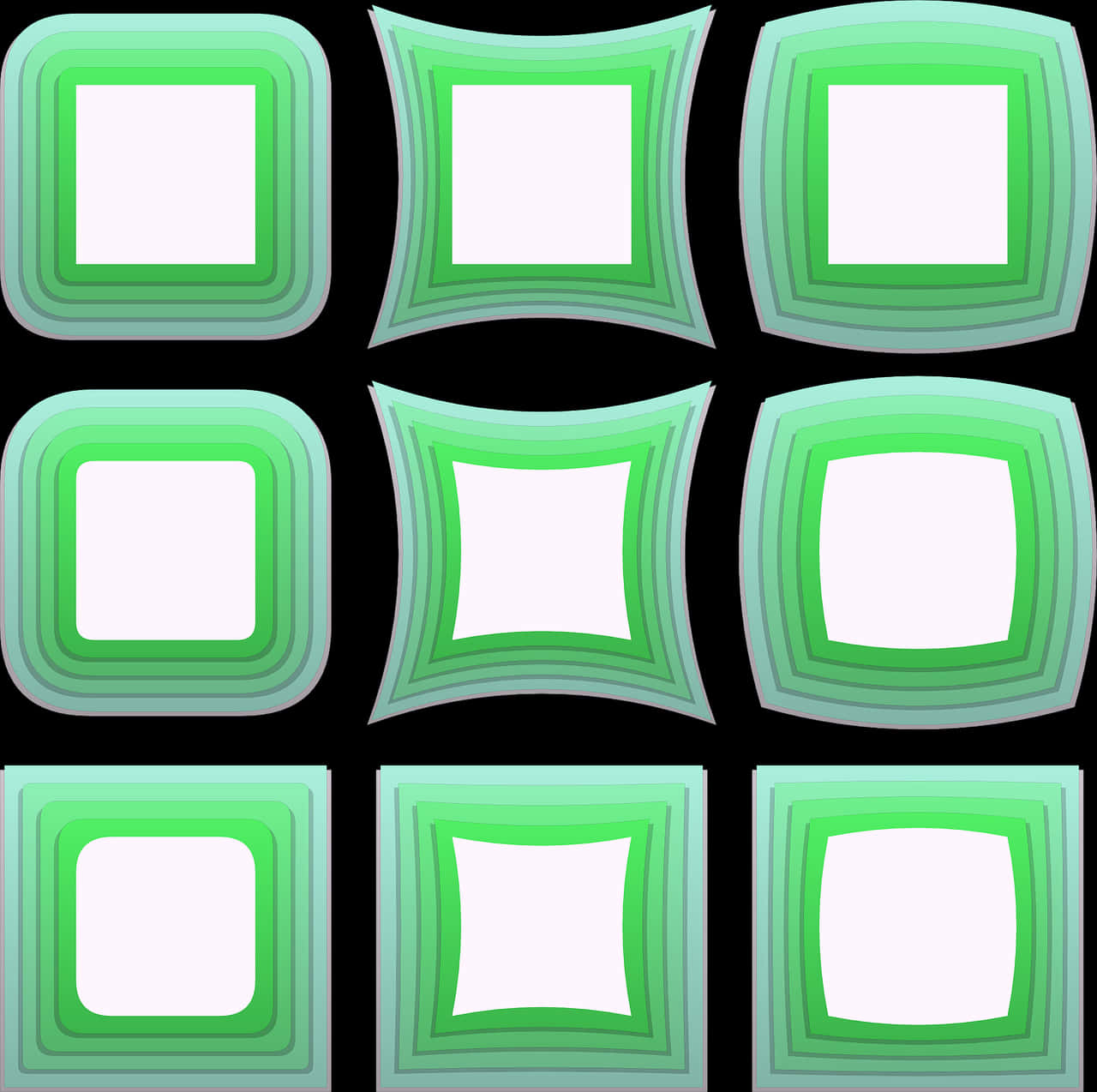 Abstract Green Frames Array PNG — Nine green gradient square frames with rounded corners arranged in a grid on a black background.