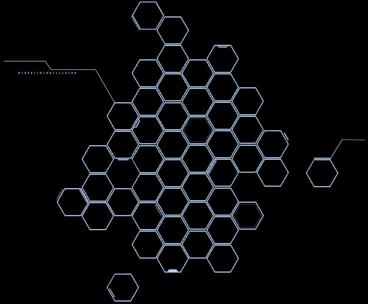 Abstract Hexagonal Network Pattern PNG — A glowing blue hexagonal grid pattern floats against a black background with faint circuit lines and text.
