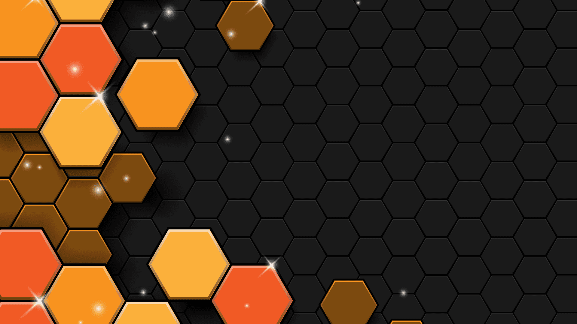 Abstract Hexagonal Pattern Background — Vibrant orange and gold hexagons float over a dark hexagonal grid with sparkling highlights.