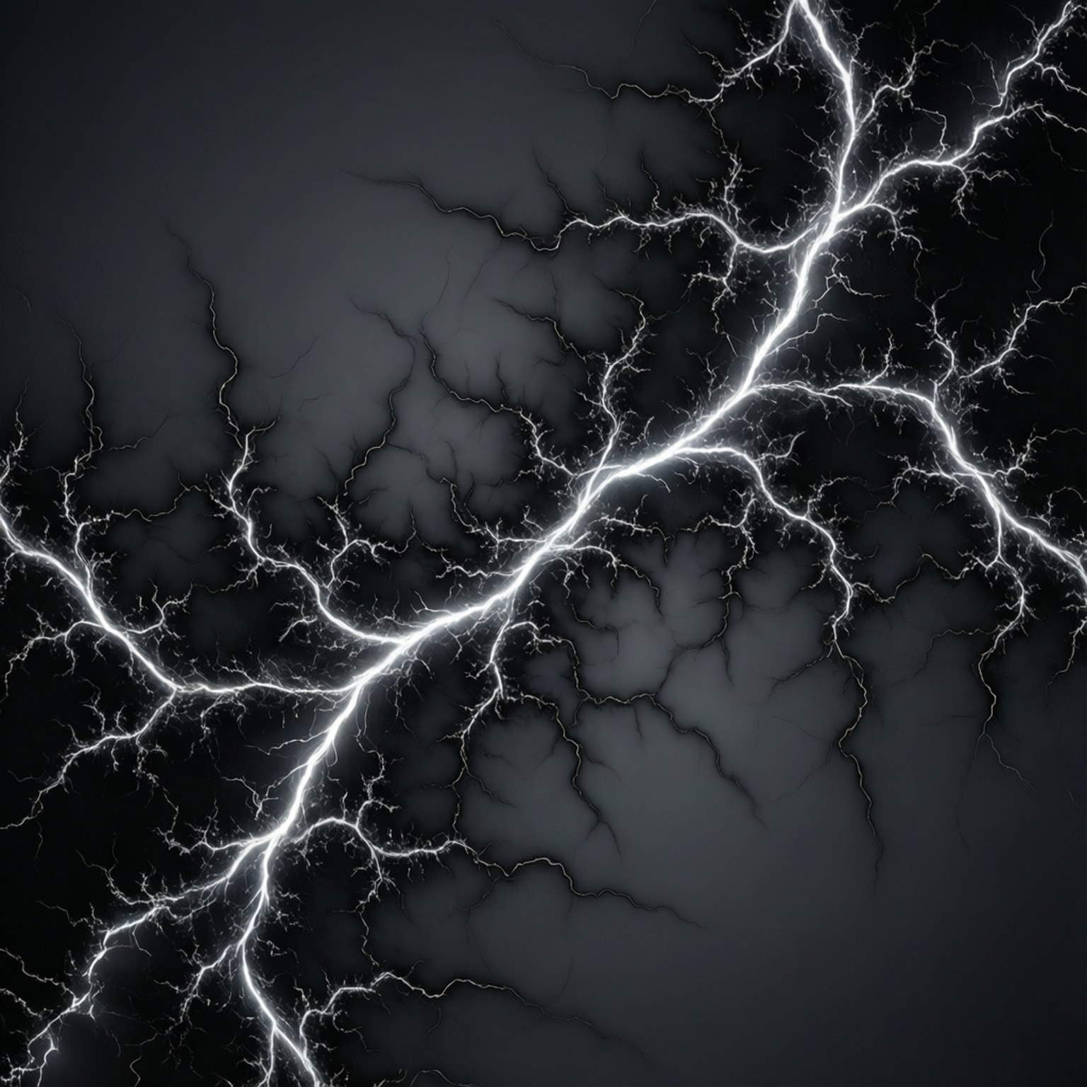 An abstract fractal pattern of black lightning on dark gray.