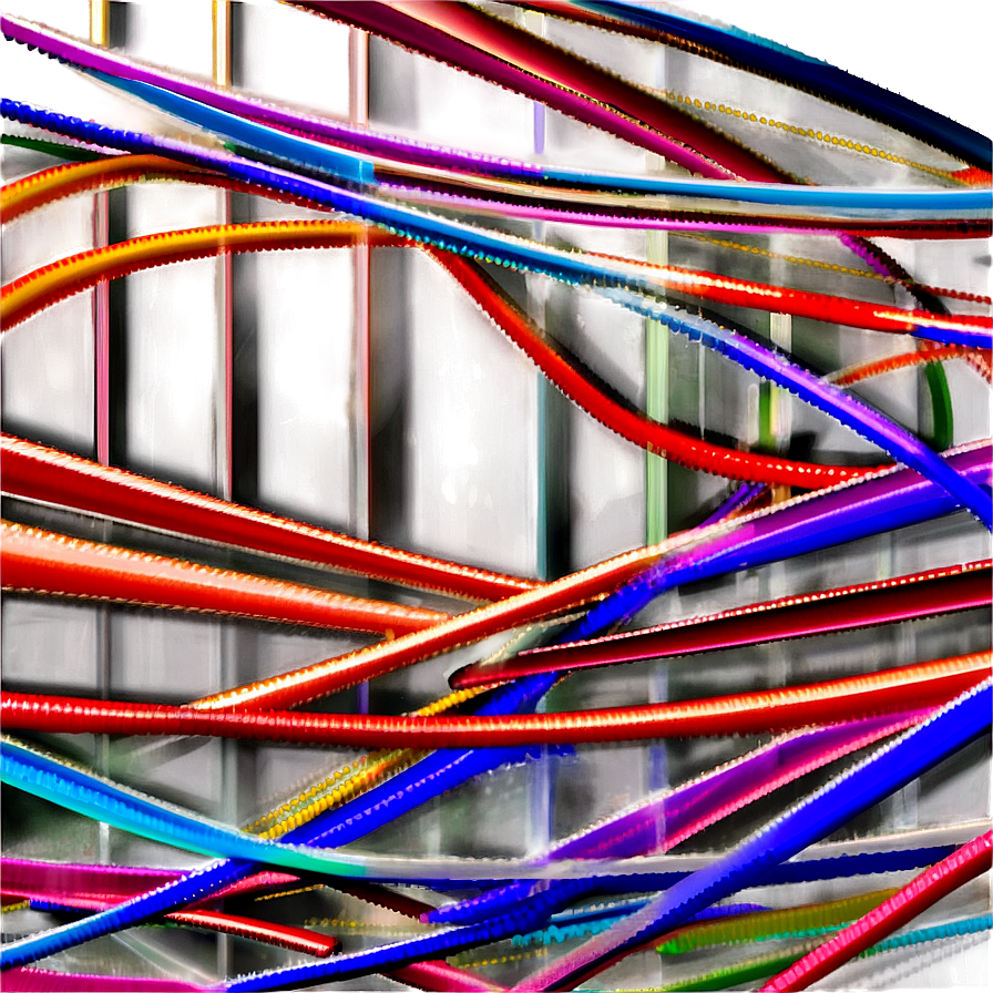 abstract lines c PNG — Vibrant neon tubes in red blue and purple twist dynamically against a blurred metallic grid background.