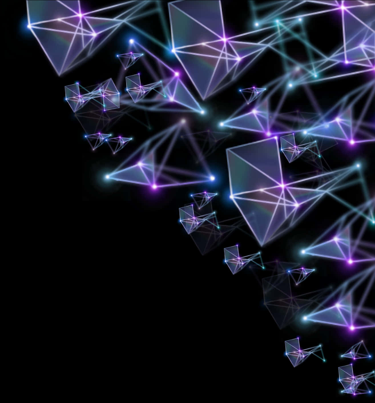 Abstract Neon Triangular Connections PNG — Glowing purple and cyan geometric shapes float against a black background, connected by luminous lines in a digital abstract pattern.