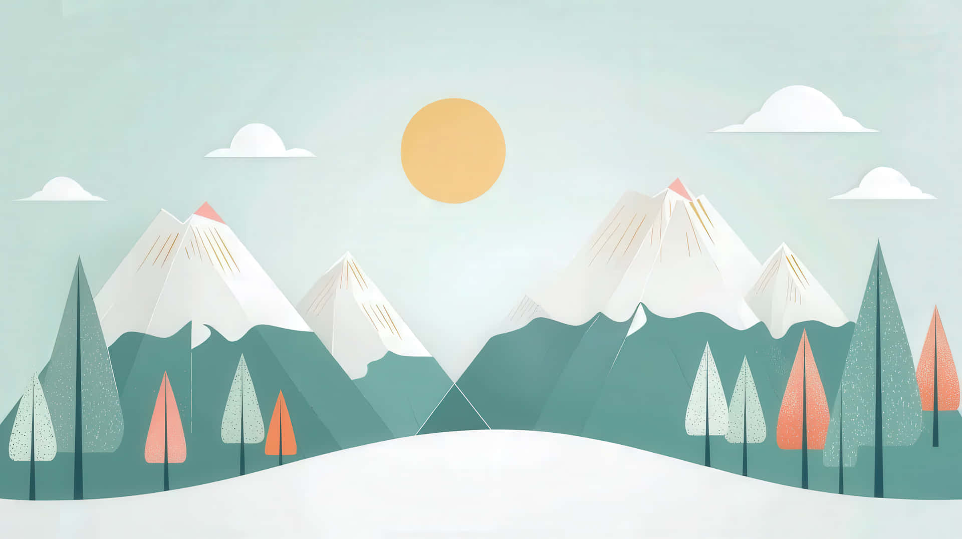 Abstract Paper Cutout Mountain Landscape With Trees, Sun, And Clouds In Soft Colors Wallpaper