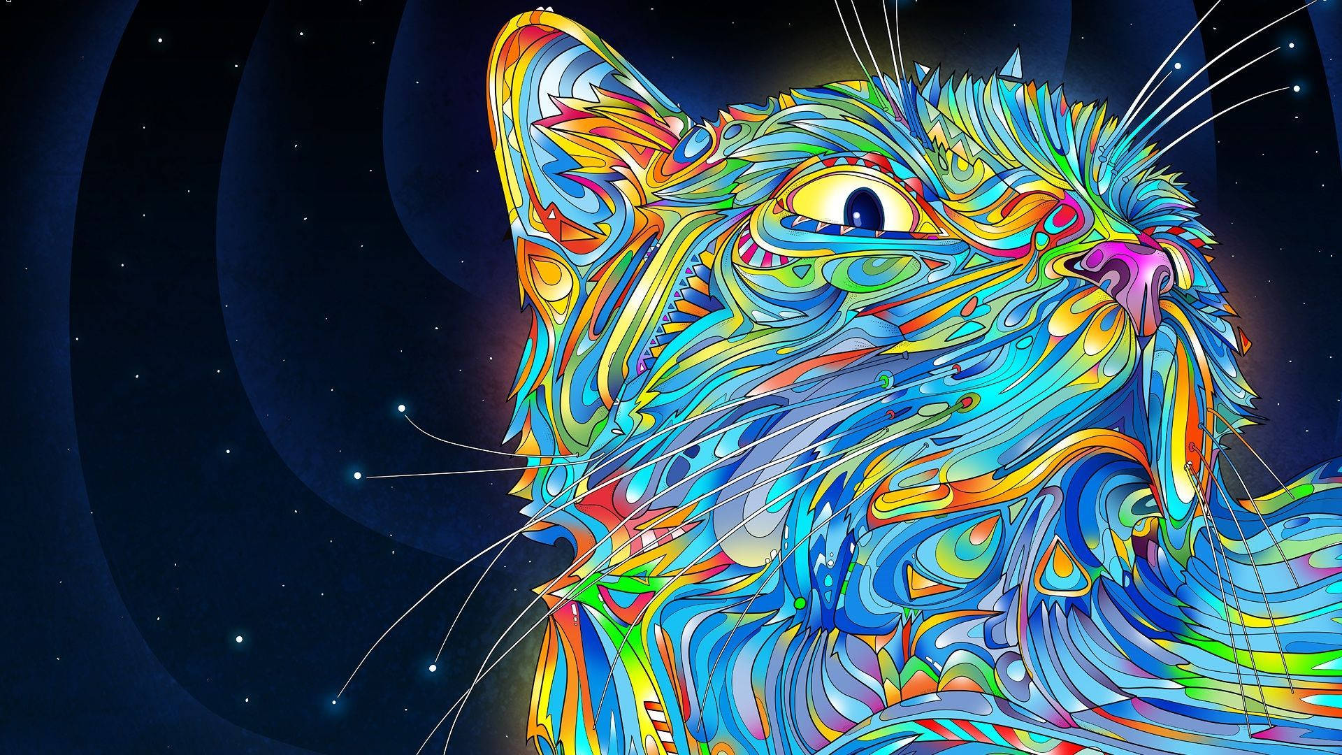 A psychedelic art wallpaper of lovely cat with glowing whiskers.