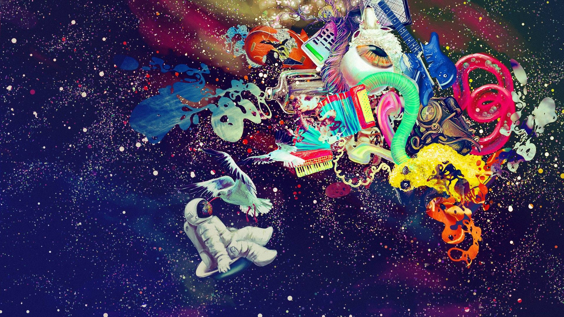 A psychedelic space art wallpaper with musical instrument add-ons. 