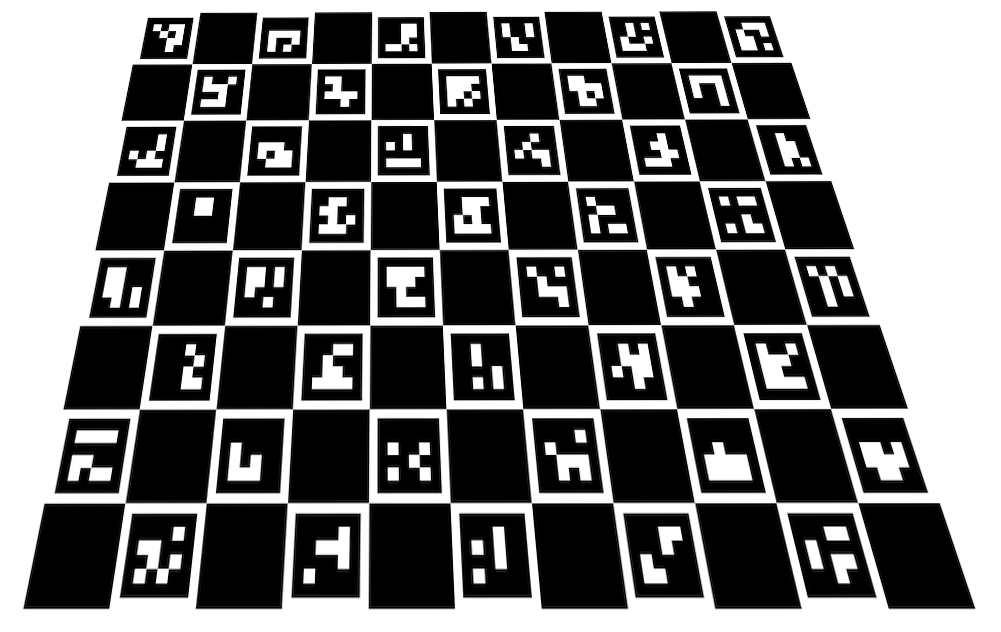 Abstract Q R Code Pattern PNG — A tilted black and white checkerboard pattern with pixelated symbols in each square creating a digital abstract design.