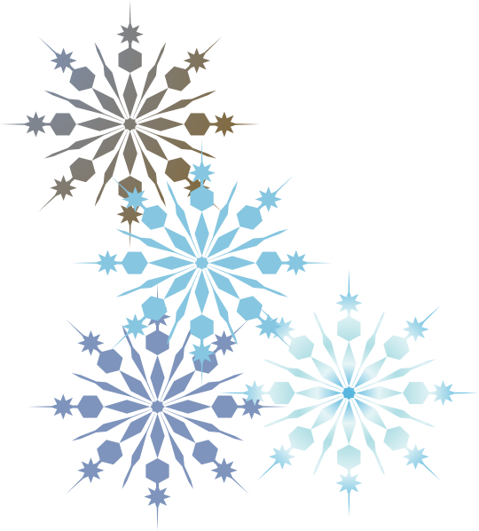 Abstract Snowflake Pattern PNG — Four stylized snowflakes in blue and brown tones float against a plain white background with geometric hexagonal accents.