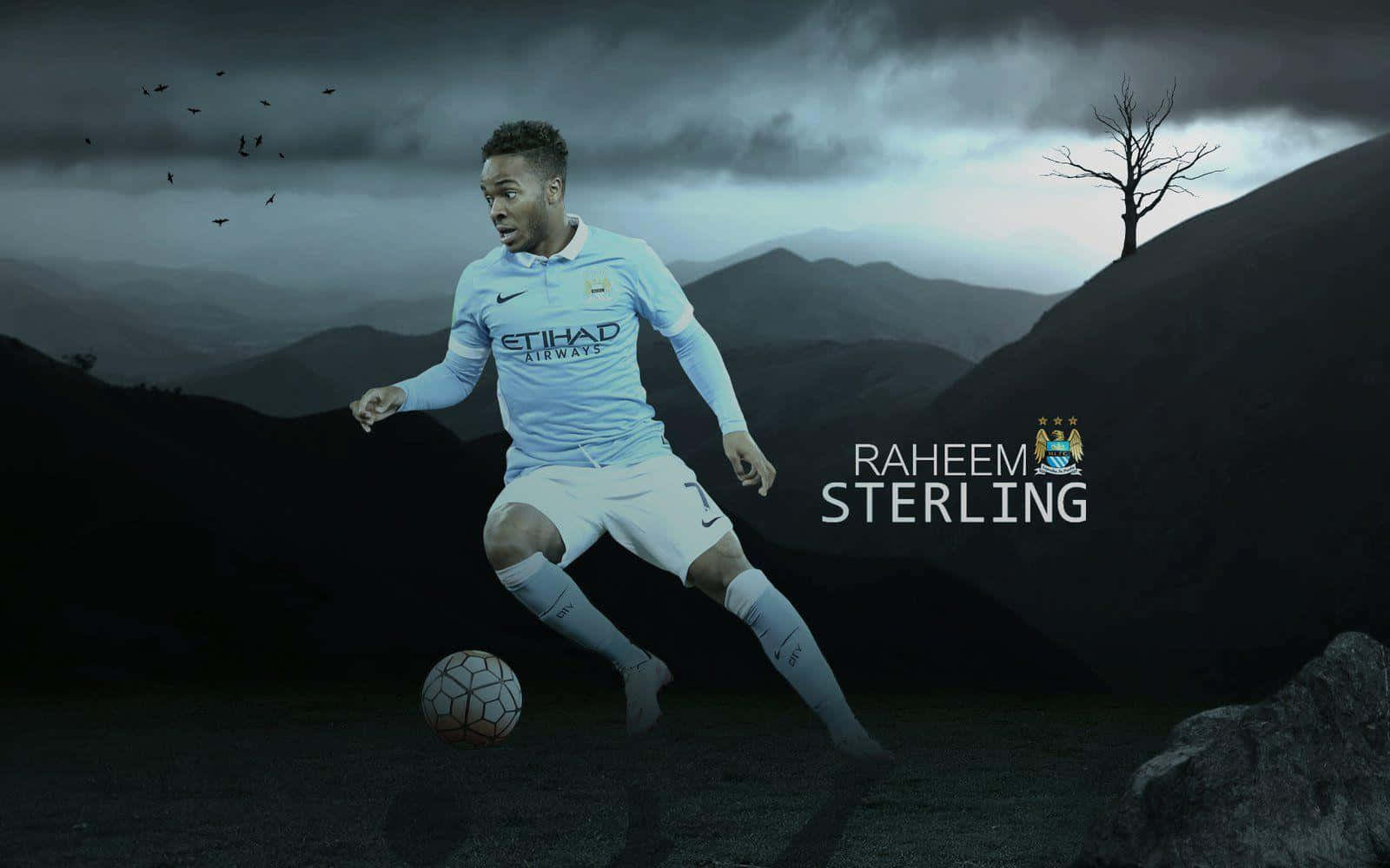 Abstract Sterling Background — Raheem Sterling in Manchester City kit dribbles a soccer ball against a moody mountain backdrop with dark clouds and a lone tree.