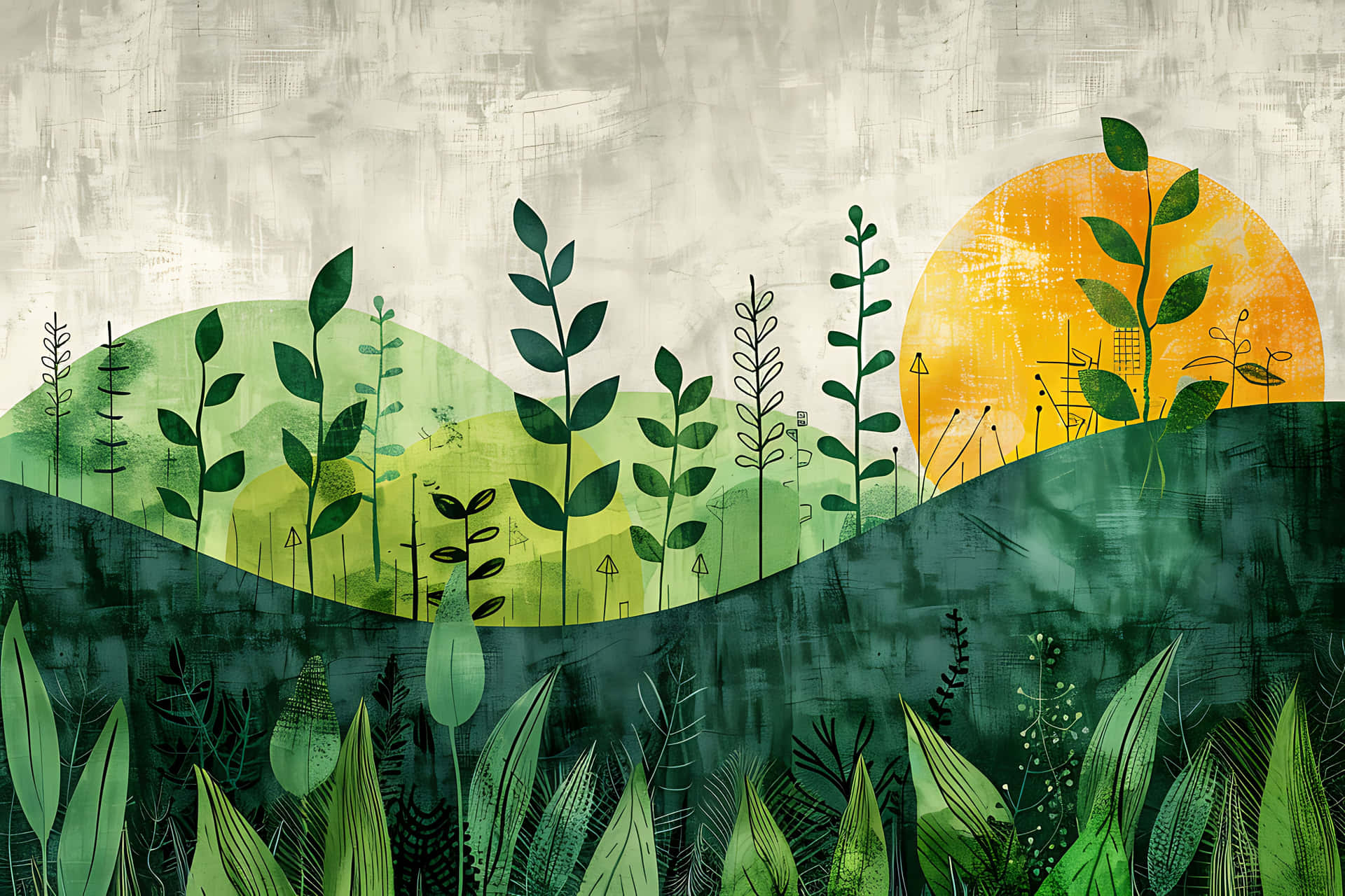 Abstract Sunrise Hillsand Flora Wallpaper