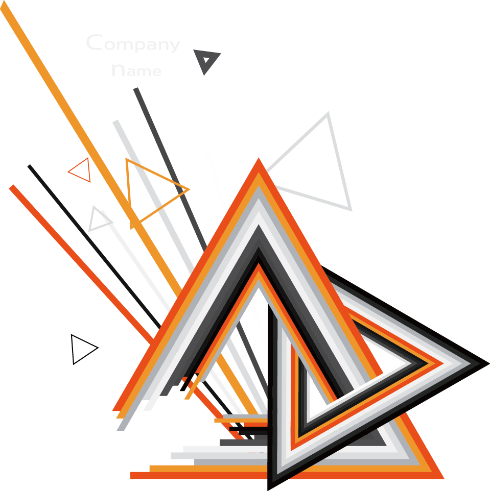 Abstract Triangular Design Vector PNG — Dynamic abstract composition of layered triangles and diagonal lines in orange black and gray on white background.