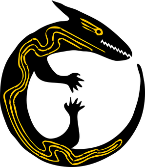 Abstract Yellow Lizard Outlineon Black PNG