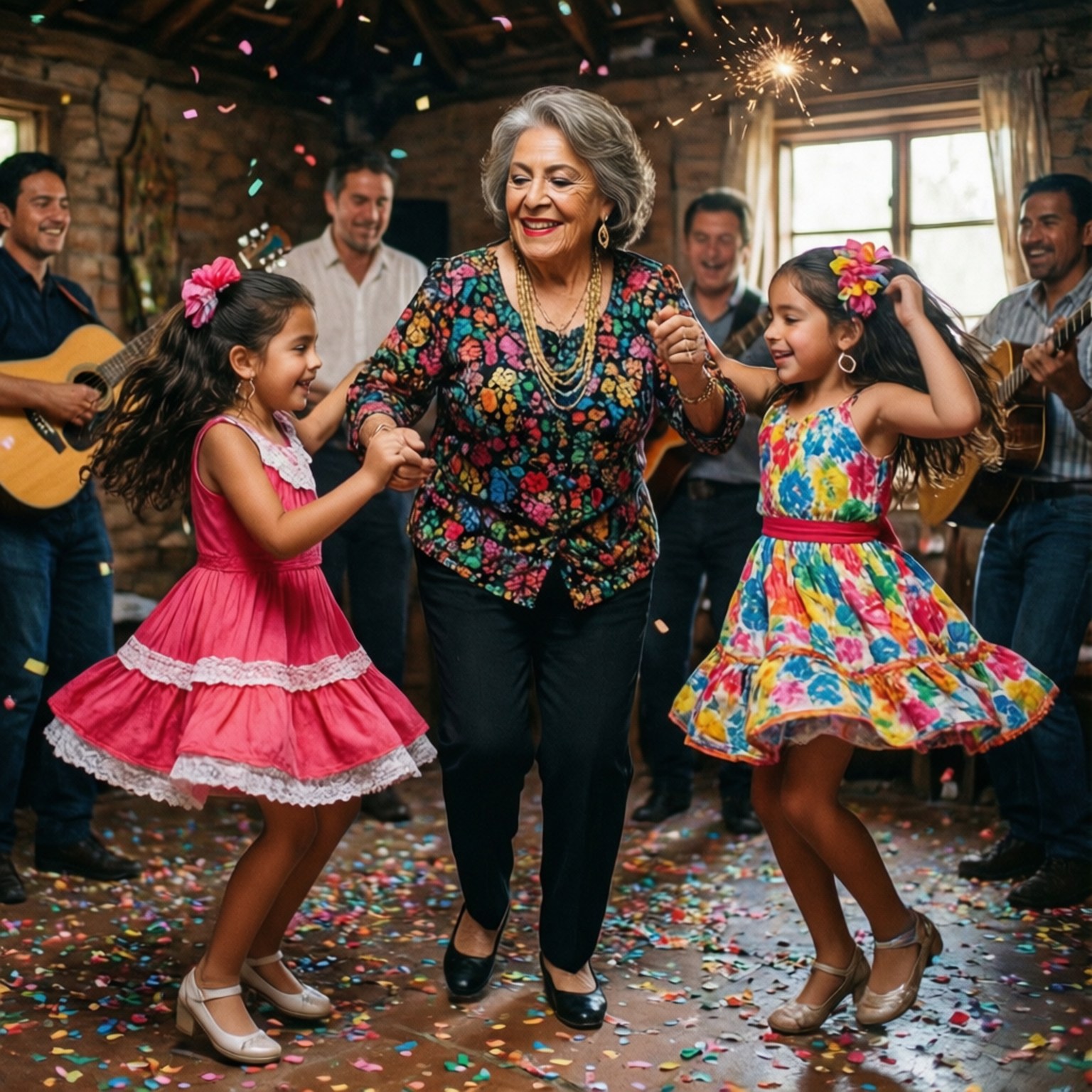 Abuela Alma danst vrolijk met haar kleinkinderen.