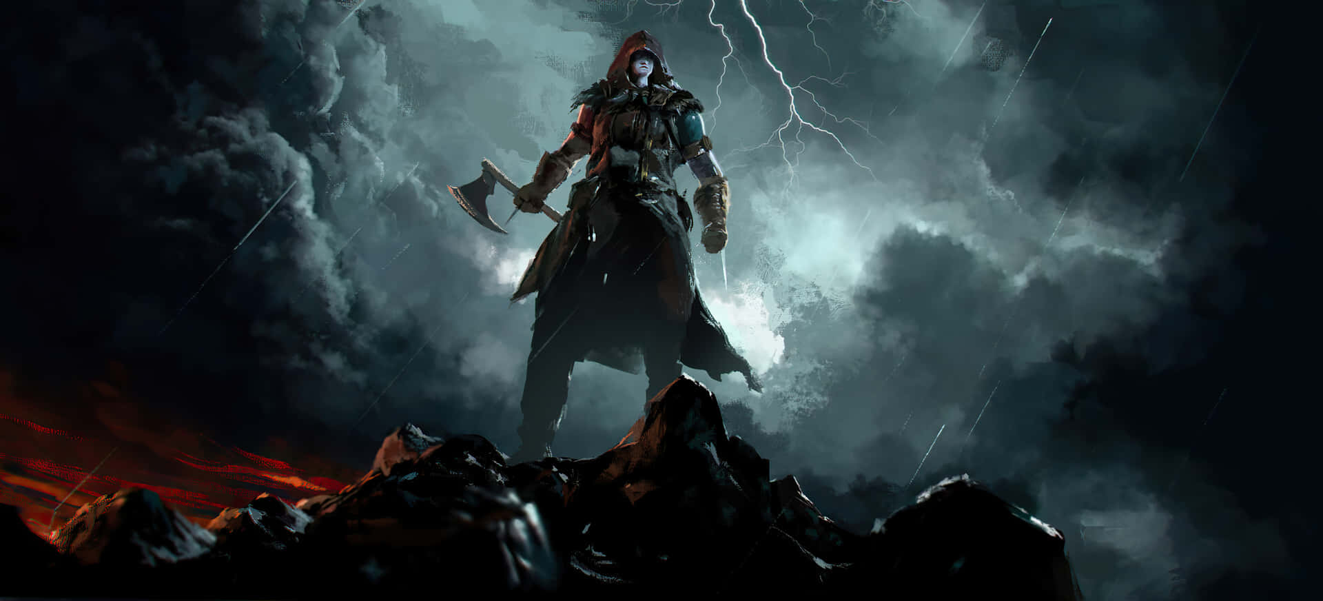 A Man Standing On A Mountain With Lightning Wallpaper