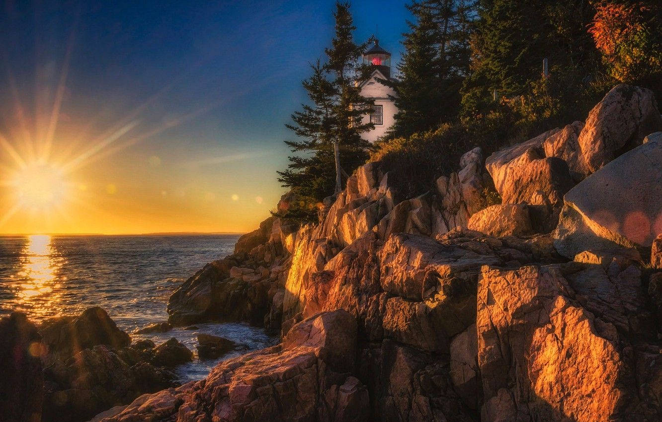 Acadianational Park Bright Sunset: Acadia National Park Ljus Solnedgång. Wallpaper