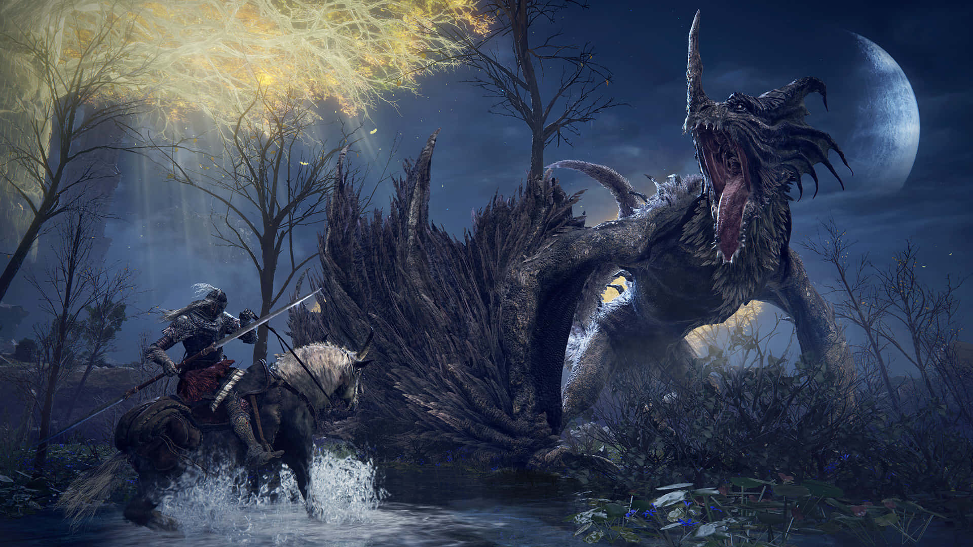A Man Riding A Horse In The Woods Next To A Dragon Wallpaper
