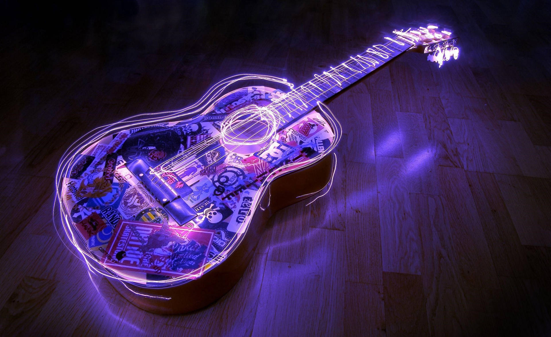 Acoustic Guitar Purple Neon Lights Wallpaper