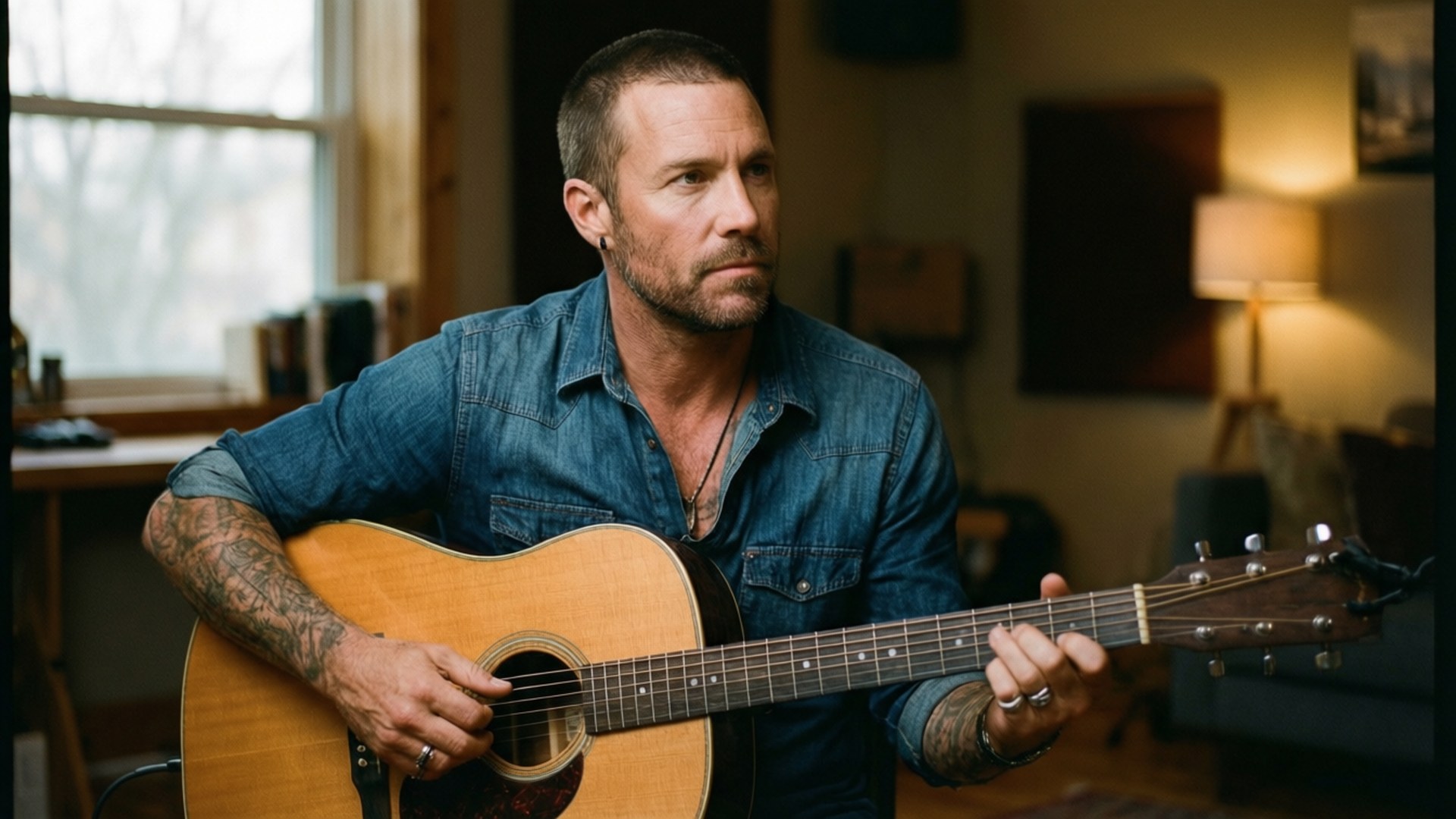 Akustinen Sessio Taustakuvat — Adam Levine soittaa akustista kitaraa lämpimässä, intiimissä studiossa.