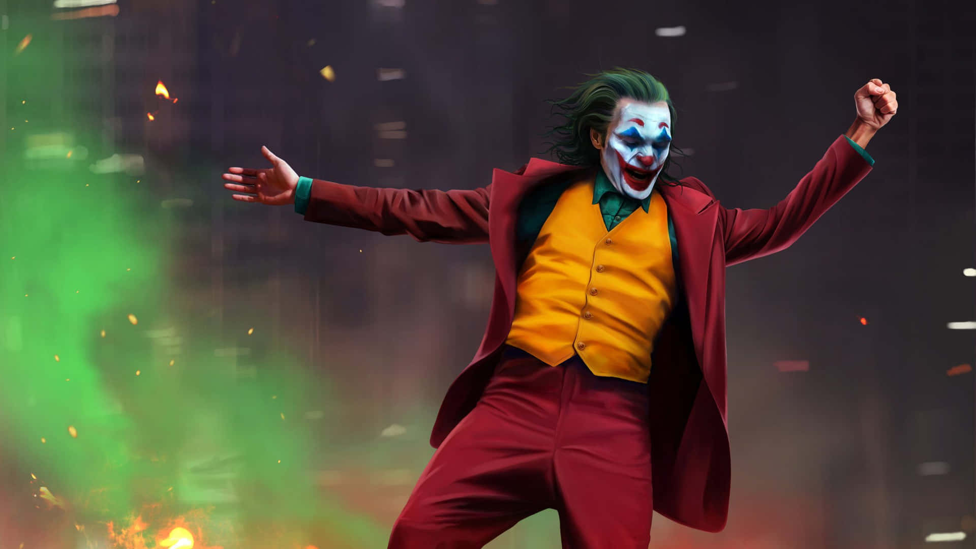 A Joker In A Suit Is Standing In Front Of A City Wallpaper