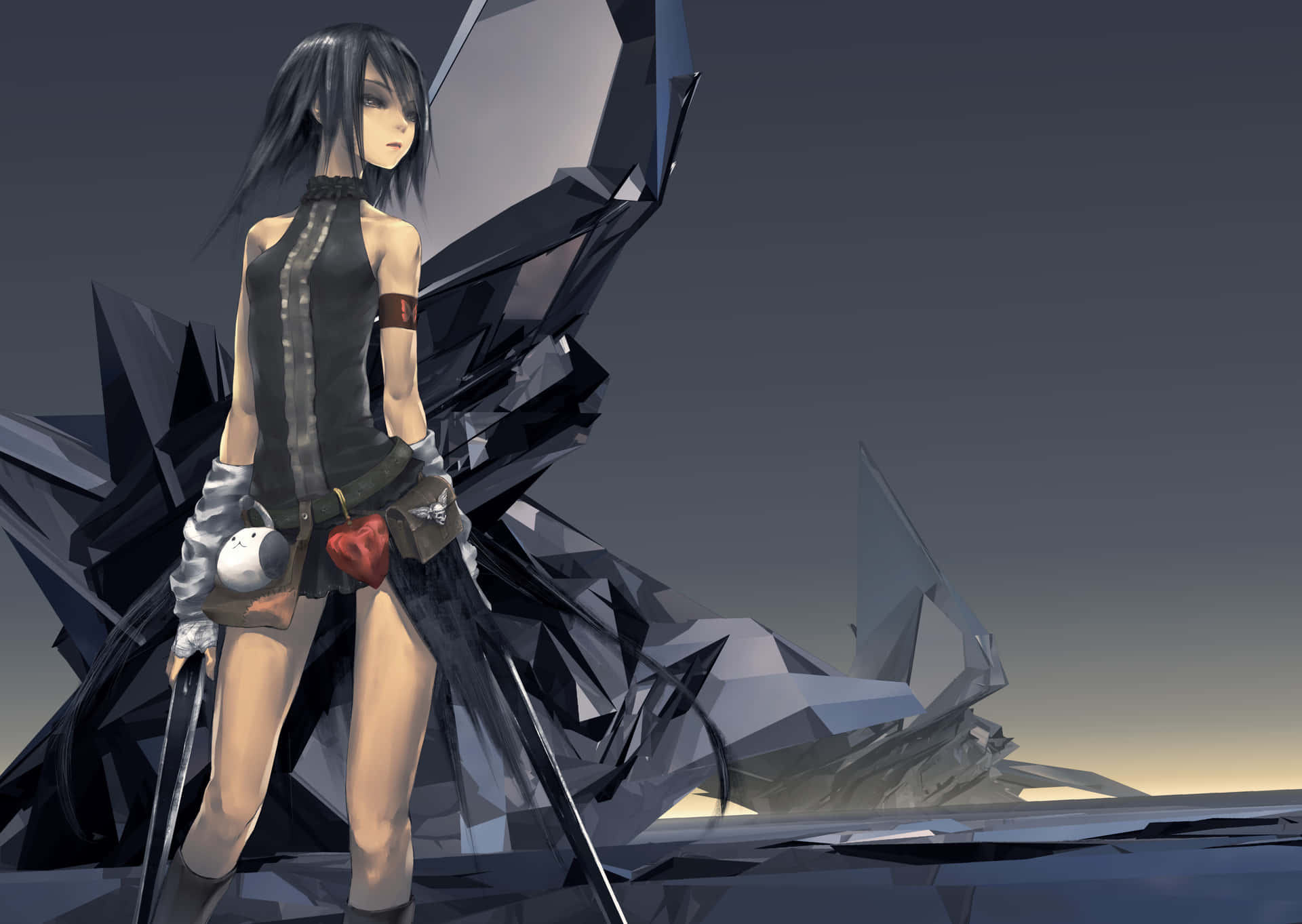 A Girl With A Sword Standing In Front Of A Rock Wallpaper