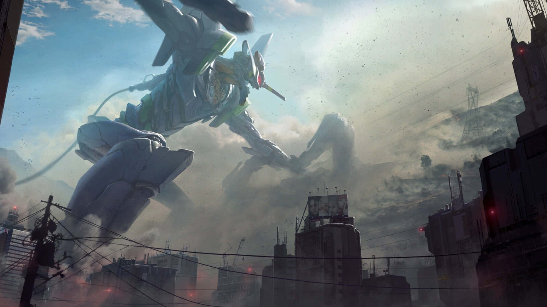 A Giant Robot Is Flying Over A City