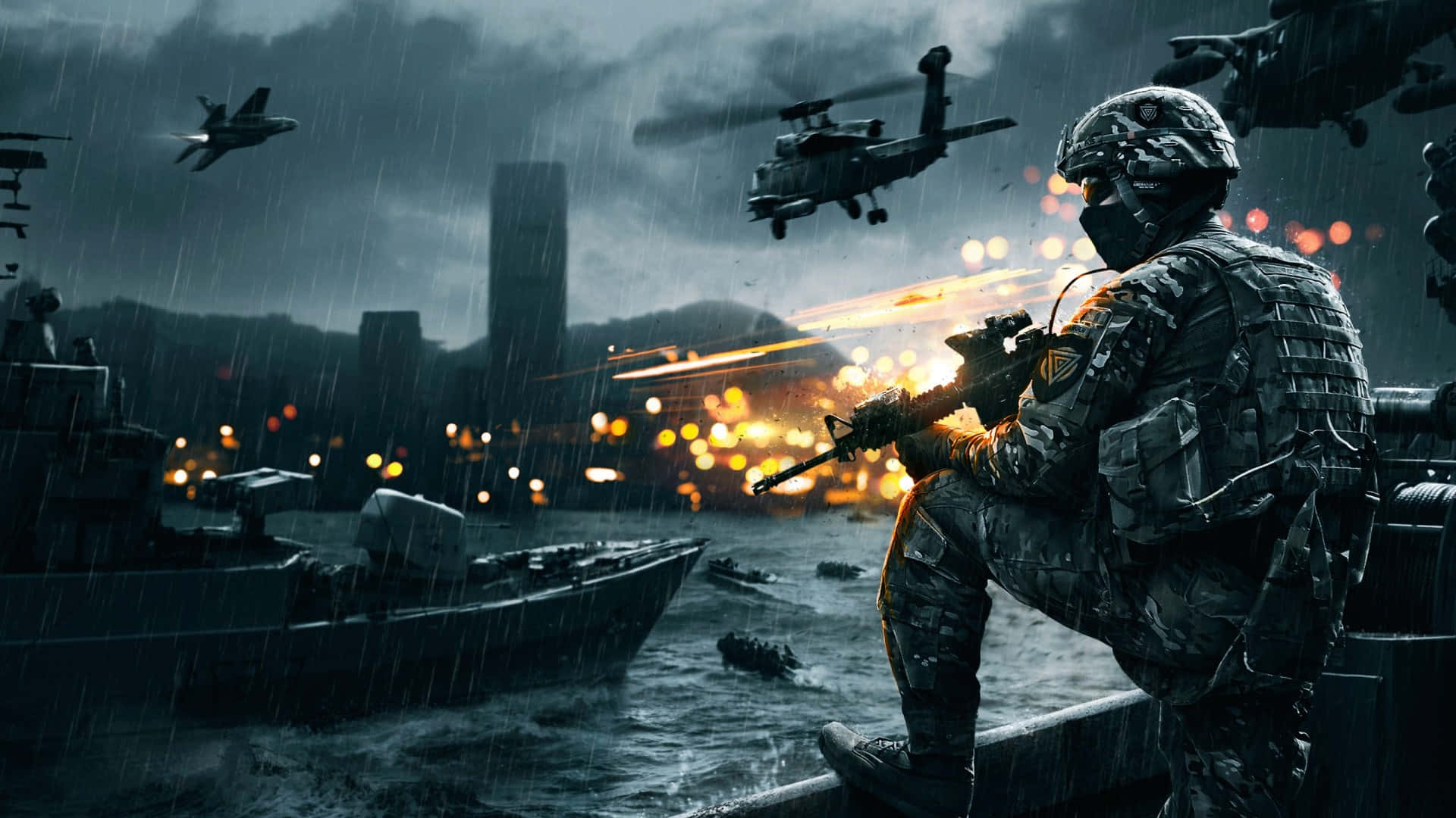 A Soldier Is Standing On A Boat In The Rain