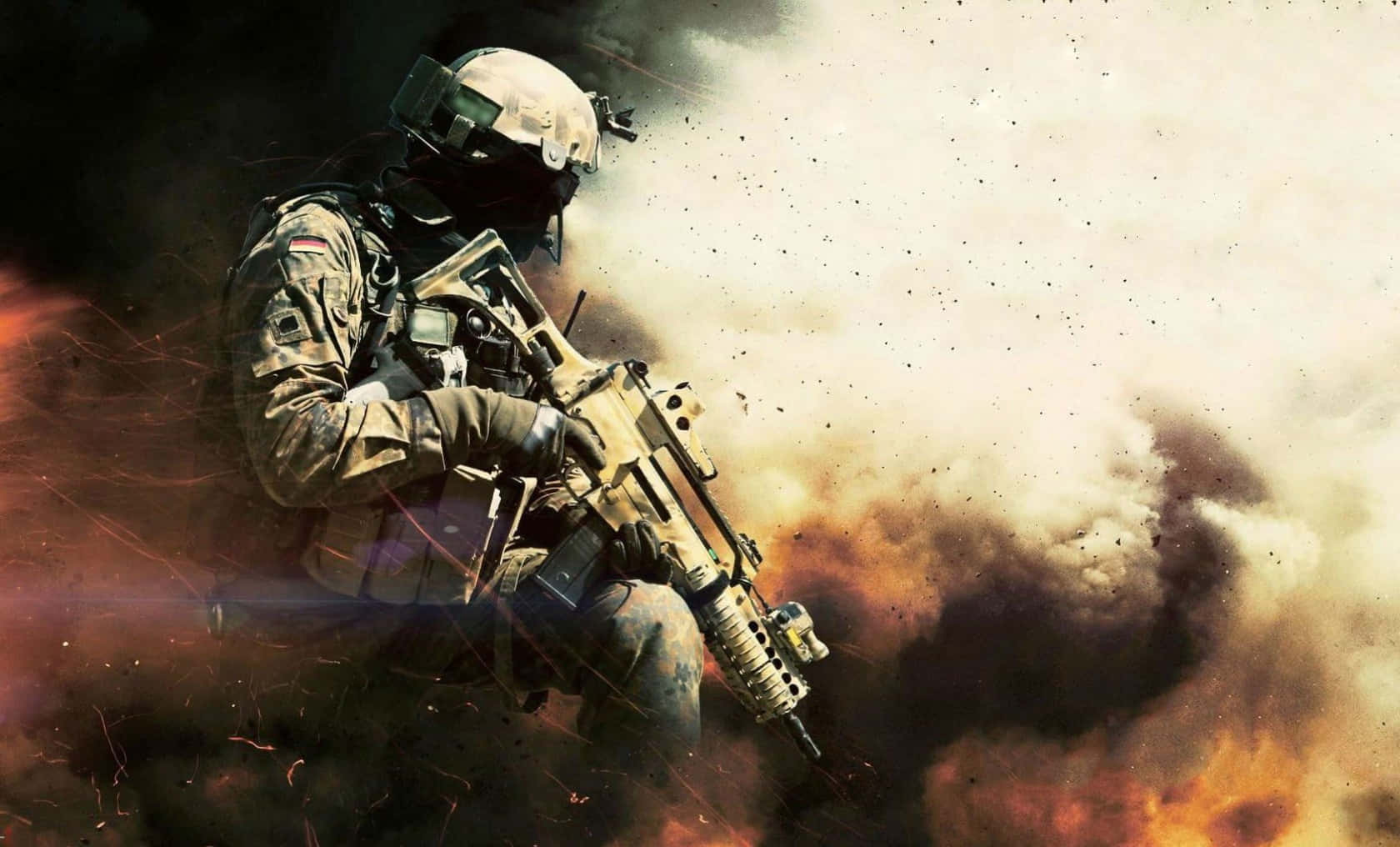 A Soldier Is Holding A Gun In The Air Wallpaper