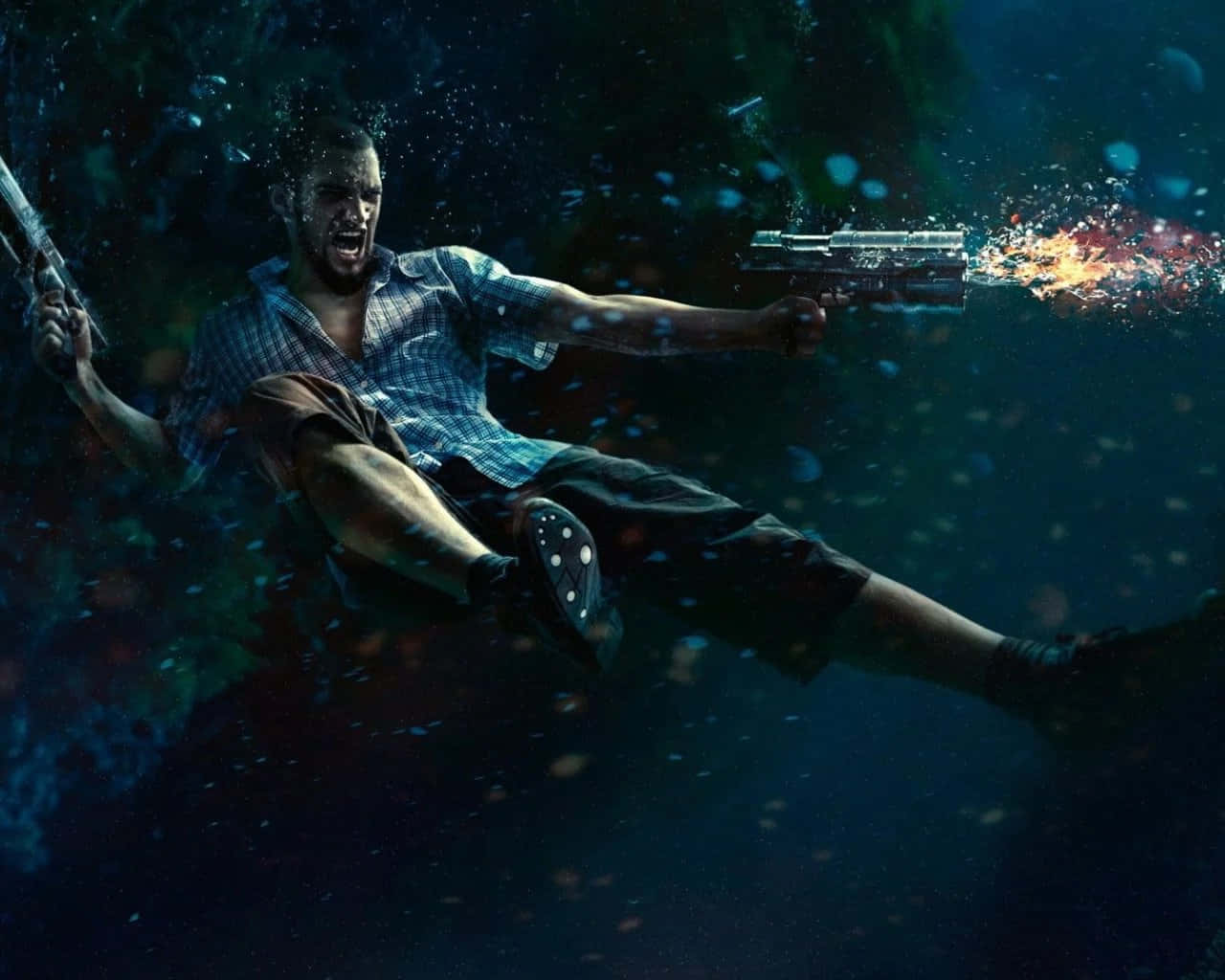 A Man Is Holding A Gun In The Water