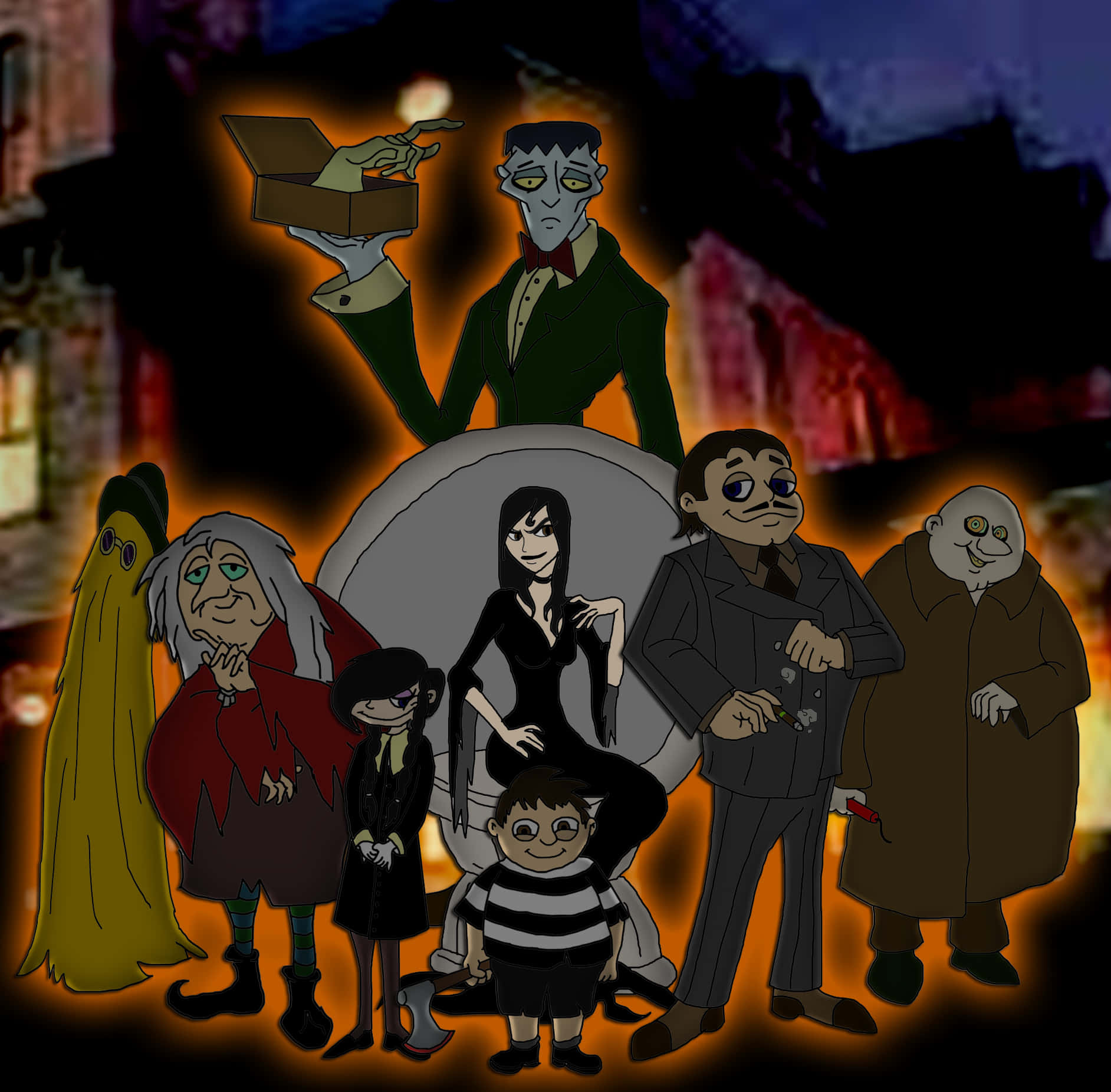 Lafamilia Addams Frente A Un Fondo Oscuro.