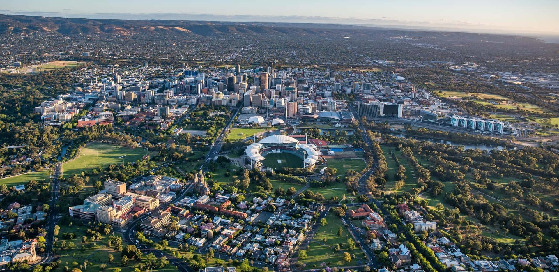 Panoramic view of downtown Adelaide at dusk