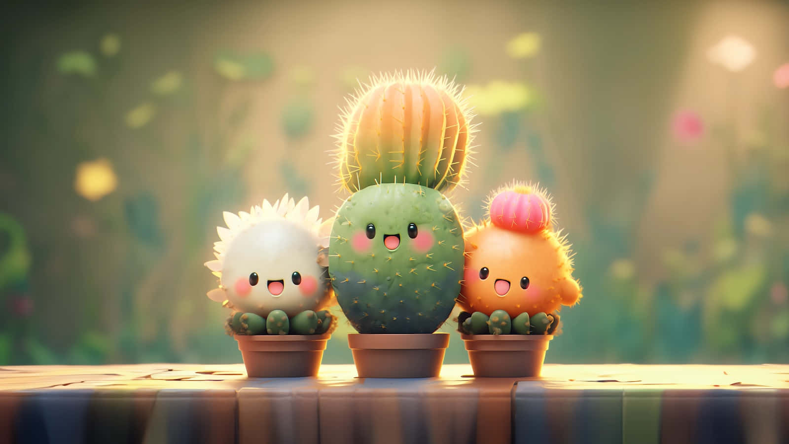 Adorable_ Animated_ Cactus_ Friends_ Desktop Wallpaper