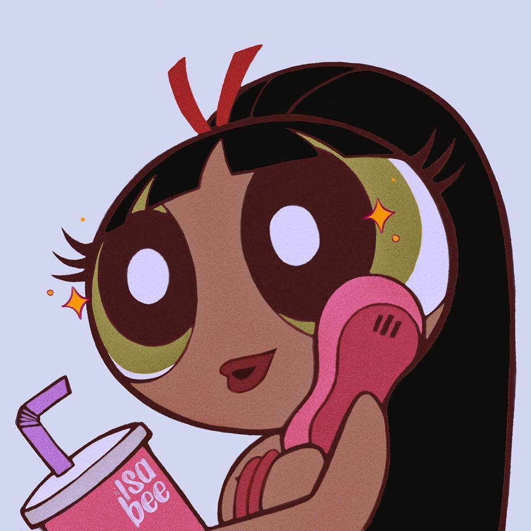 Adorable Black Powerpuff Girl Pink Phone On Ear Wallpaper