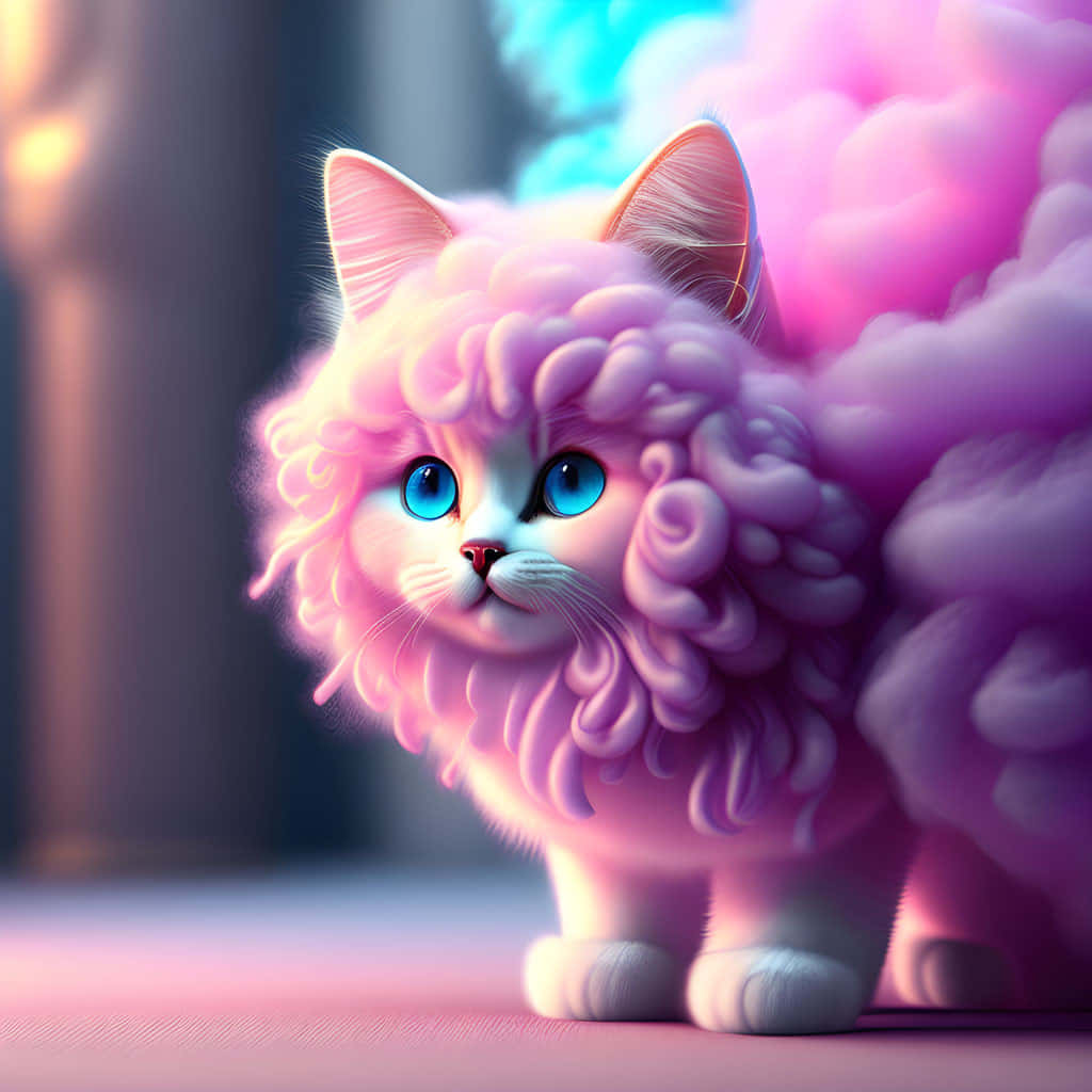 Adorable Blue Eyed Pink Cat Illustration Wallpaper