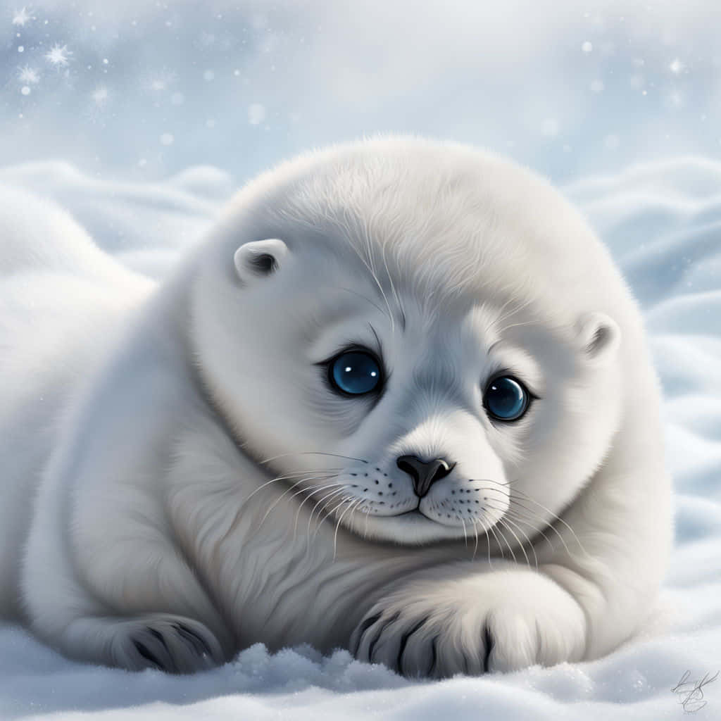 Adorable Harp Seal Pup Snow Wallpaper