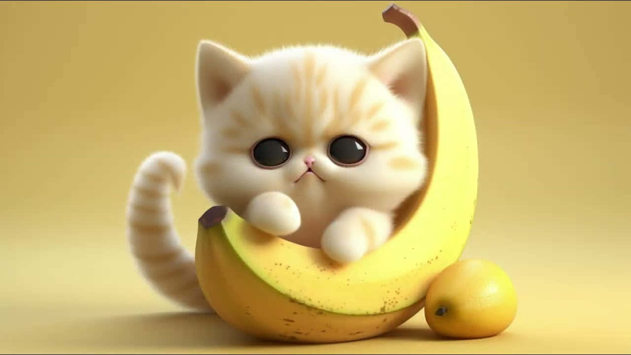 Adorable Kitten Banana Embrace Wallpaper