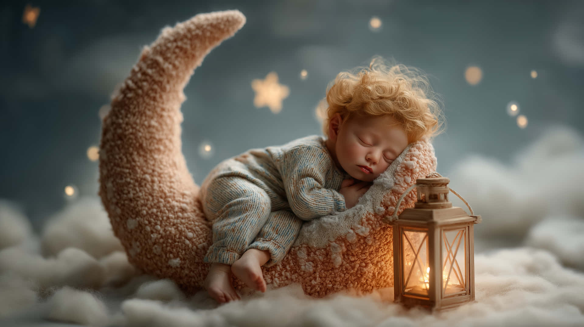 Adorable Newborn Baby Asleep On A Cozy Moon With Glowing Stars Wallpaper