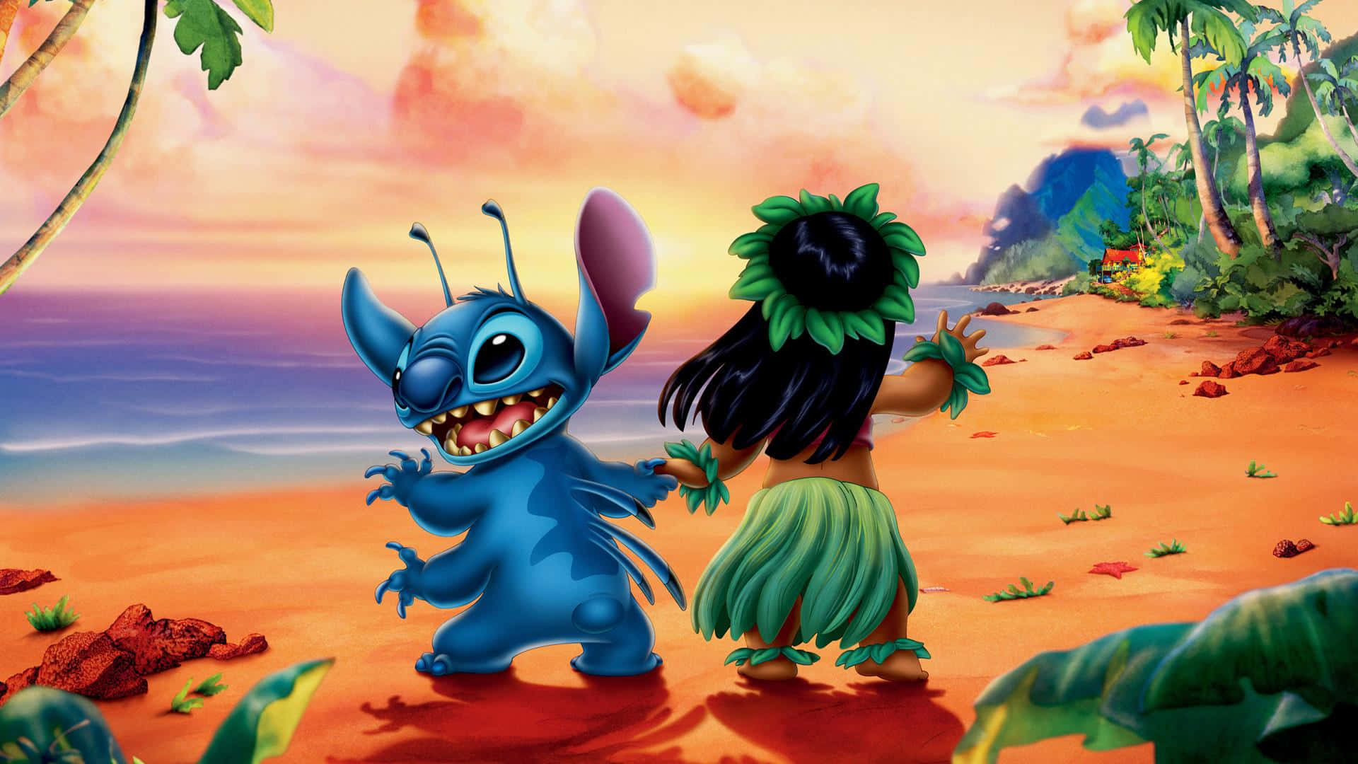 Adorable Stitch And Lilo Enjoying the Beach Wallpaper